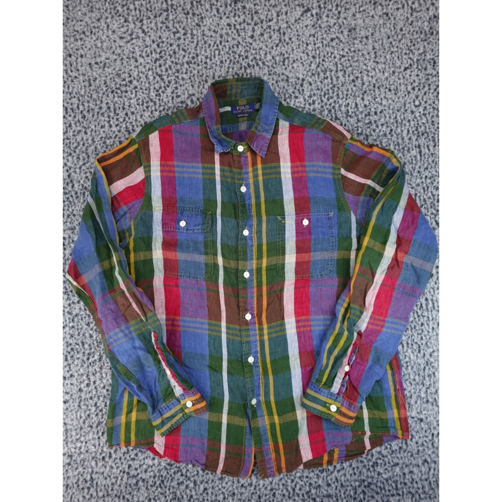 Polo Ralph Lauren Mens XL Multicolor Plaid Indigo Linen Long Sleeve Button Shirt